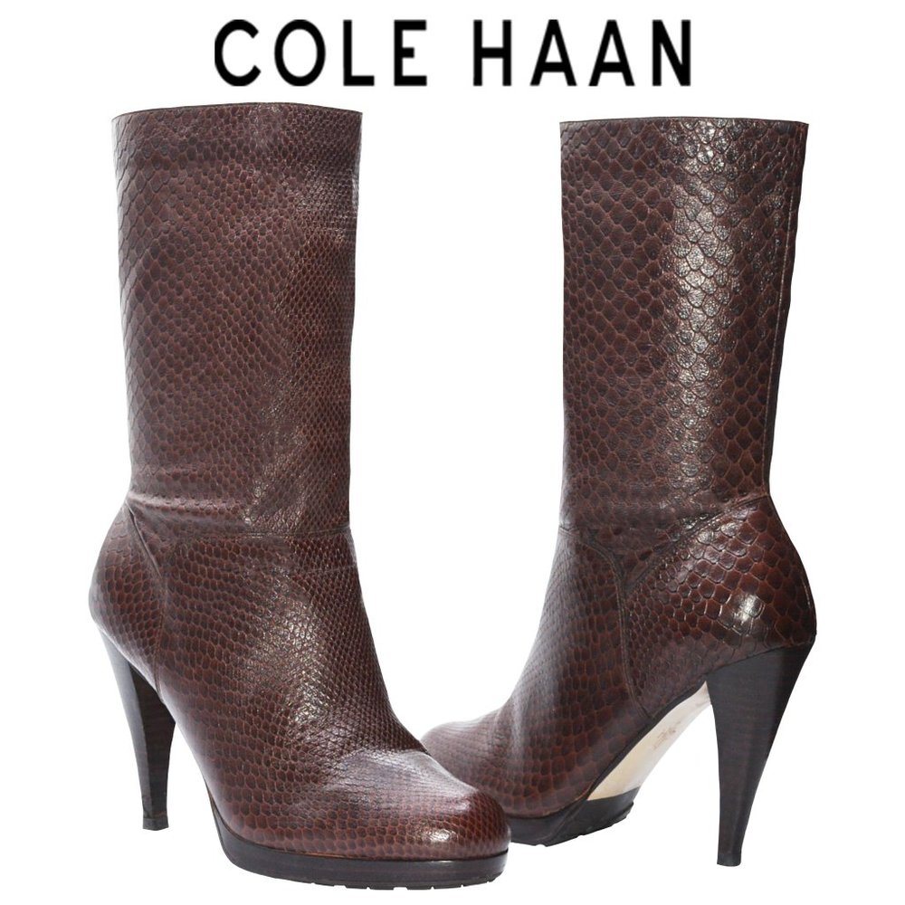 Cole Haan Ankle High Reptile Boots - Brown - Complete Leather - Size 9.5B - Mint